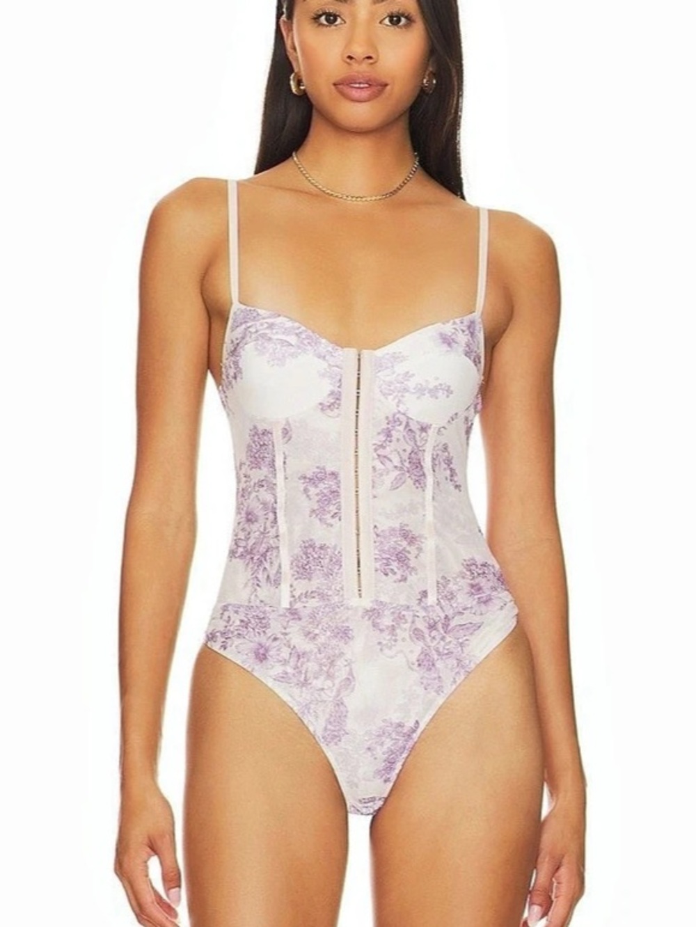 Free People Printed Night Rhythm Bodysuit Floral One-Piece Pink & White